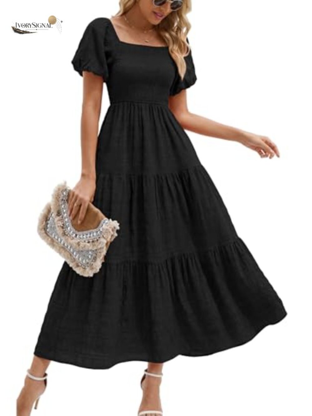 Womens Puff Short Sleeve Maxi Dress Square Neck A-Line Backless Ruffle Tiered